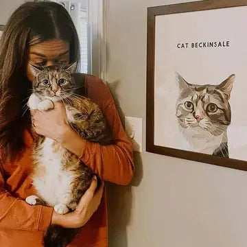 Feline feelings. Ms. Beckinsale looking pretty in her Walnut-framed custom pet portrait.